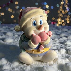 Vintage Favorite Things Christmas Snowman Flocked Texture Coin Money Bank Holly